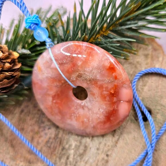 Nature Cherry Blossom Agate Jumbo Donut Pendant Necklace - Picture 8 of 10